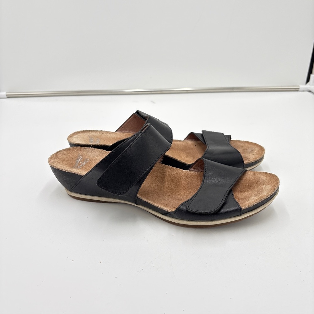 Dansko Vienna Slide Womens 42 12 Black Leather Wedge Double Strap Comfy Sandals